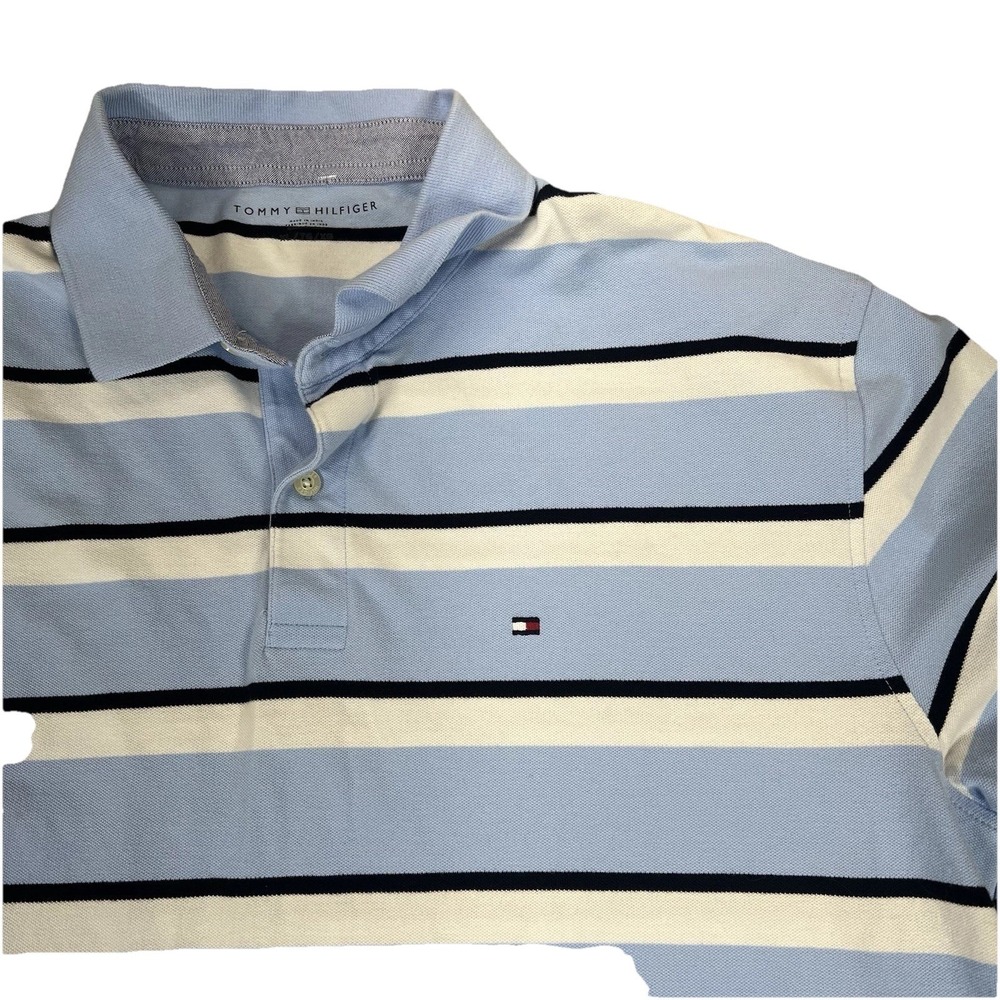 Tommy Hilfiger Polo Shirt Mens XL Blue White Striped Short Sleeve